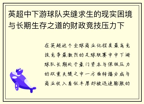 英超中下游球队夹缝求生的现实困境与长期生存之道的财政竞技压力下