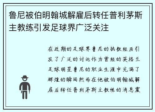 鲁尼被伯明翰城解雇后转任普利茅斯主教练引发足球界广泛关注 鲁尼被伯明翰城解雇后转任普利茅斯主教练引发足球界广泛关注