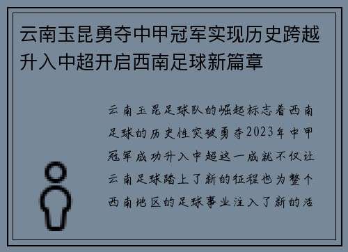 云南玉昆勇夺中甲冠军实现历史跨越升入中超开启西南足球新篇章